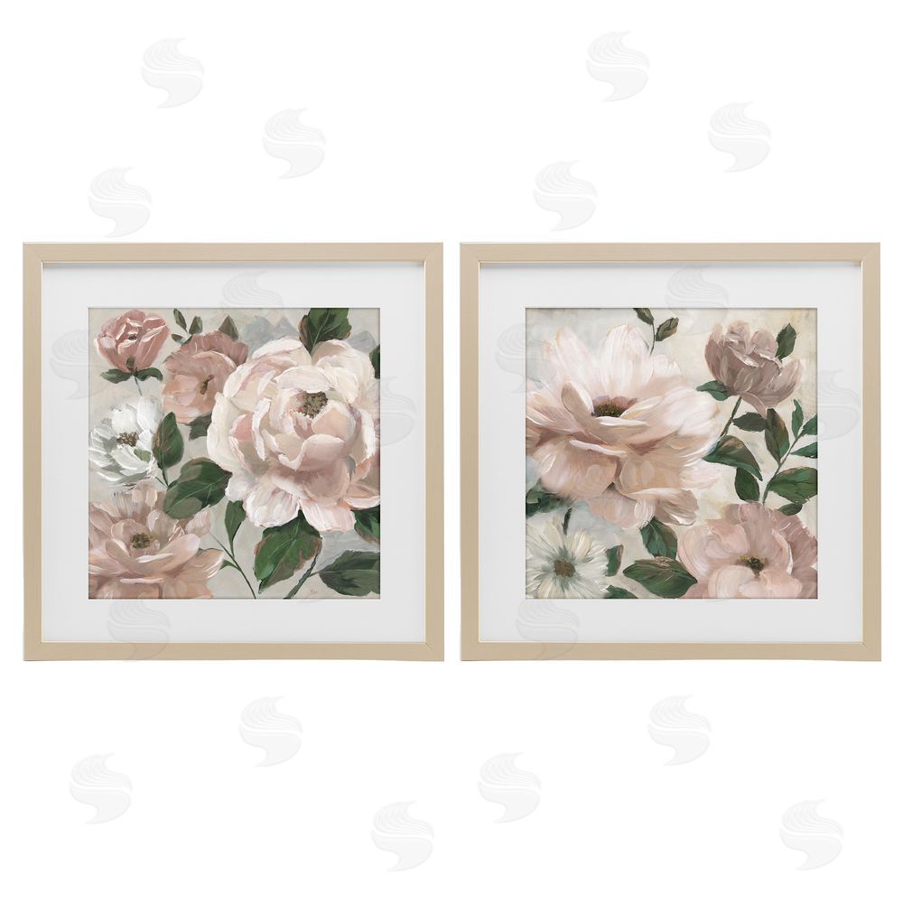 Nan Elegant Blush Peonies & Leaves Brown Framed Print Under Glass Wall Art
