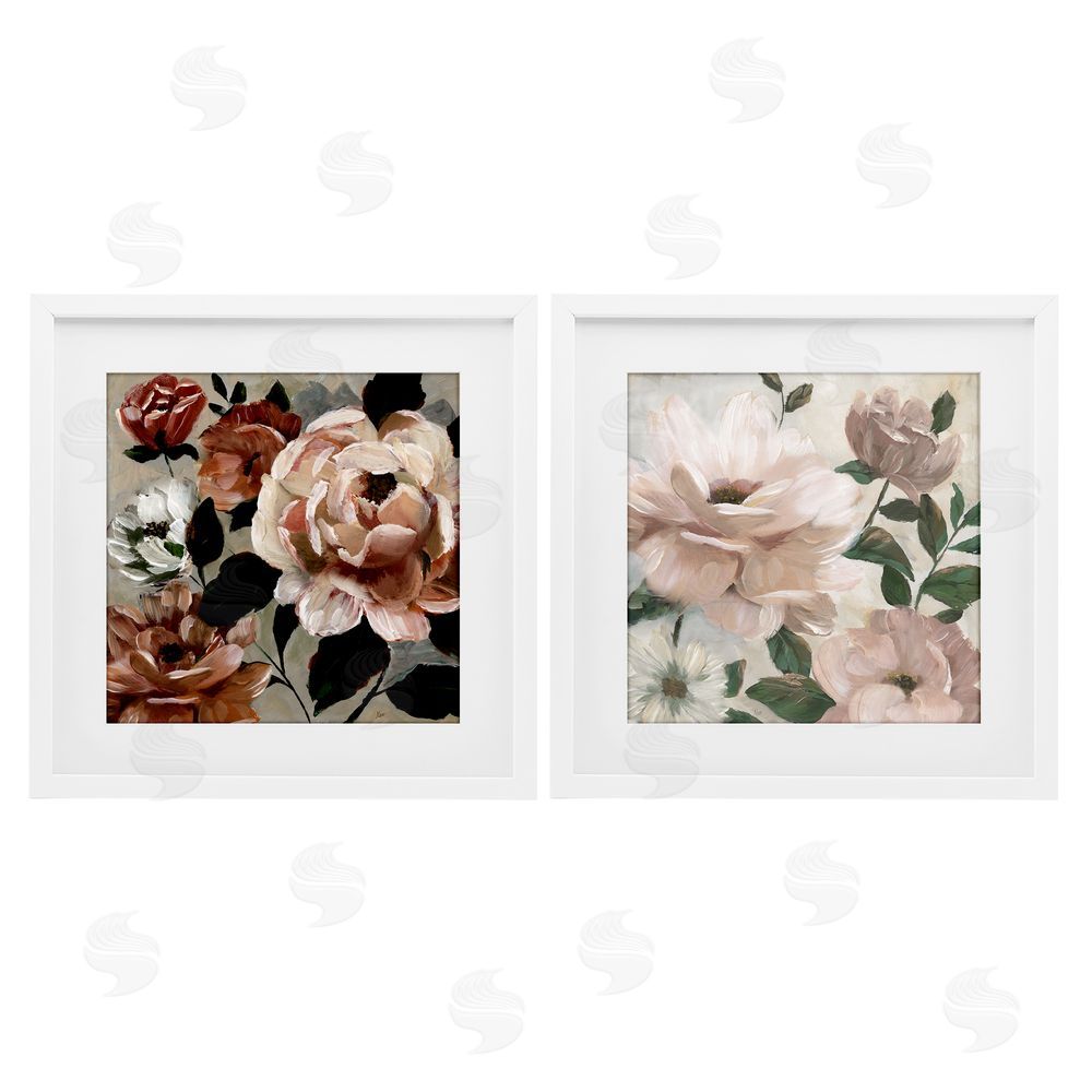 Nan Elegant Blush Peonies & Leaves White Framed Print Under Glass Wall Art