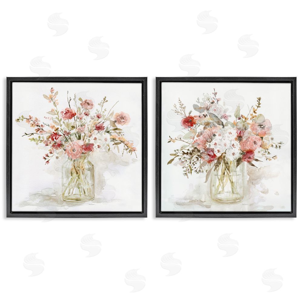 Carol Robinson Delicate Watercolor Bouquets in Glass Black Floating Frame Canvas Wall Art Print
