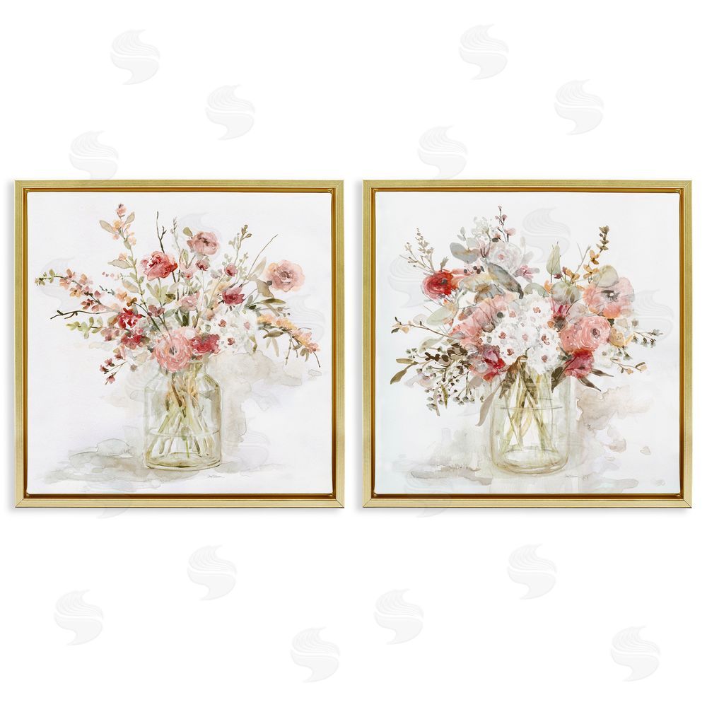Carol Robinson Delicate Watercolor Bouquets in Glass Gold Floating Frame Canvas Wall Art Print