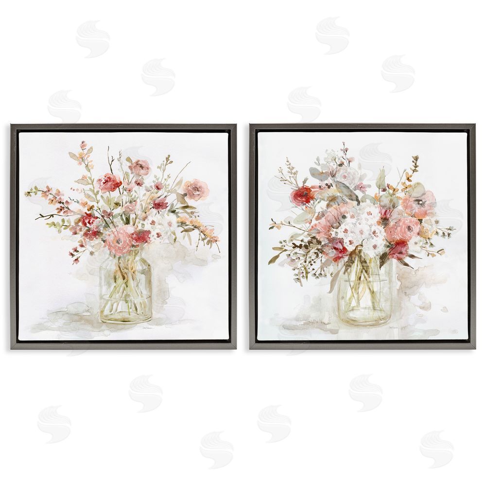 Carol Robinson Delicate Watercolor Bouquets in Glass Gray Floating Frame Canvas Wall Art Print