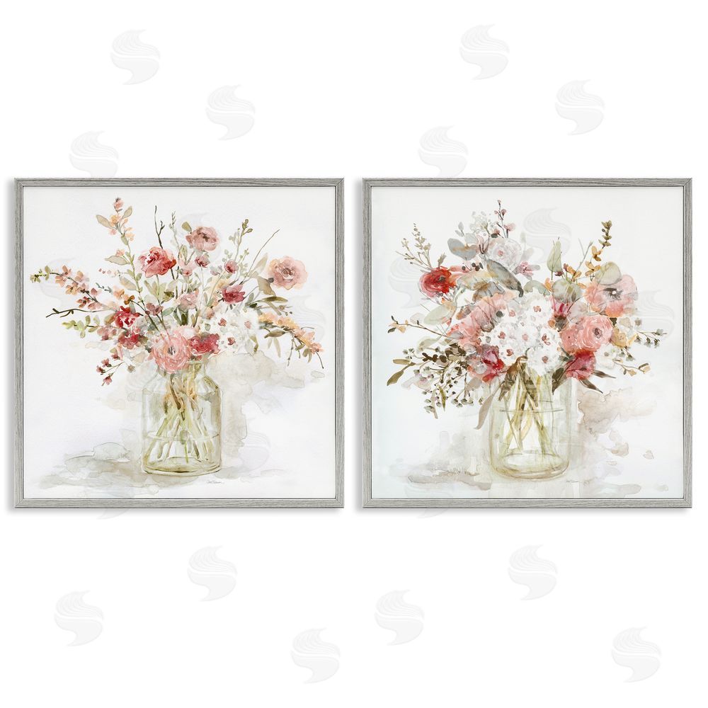 Carol Robinson Delicate Watercolor Bouquets in Glass Gray Framed Giclee Wall Art Print