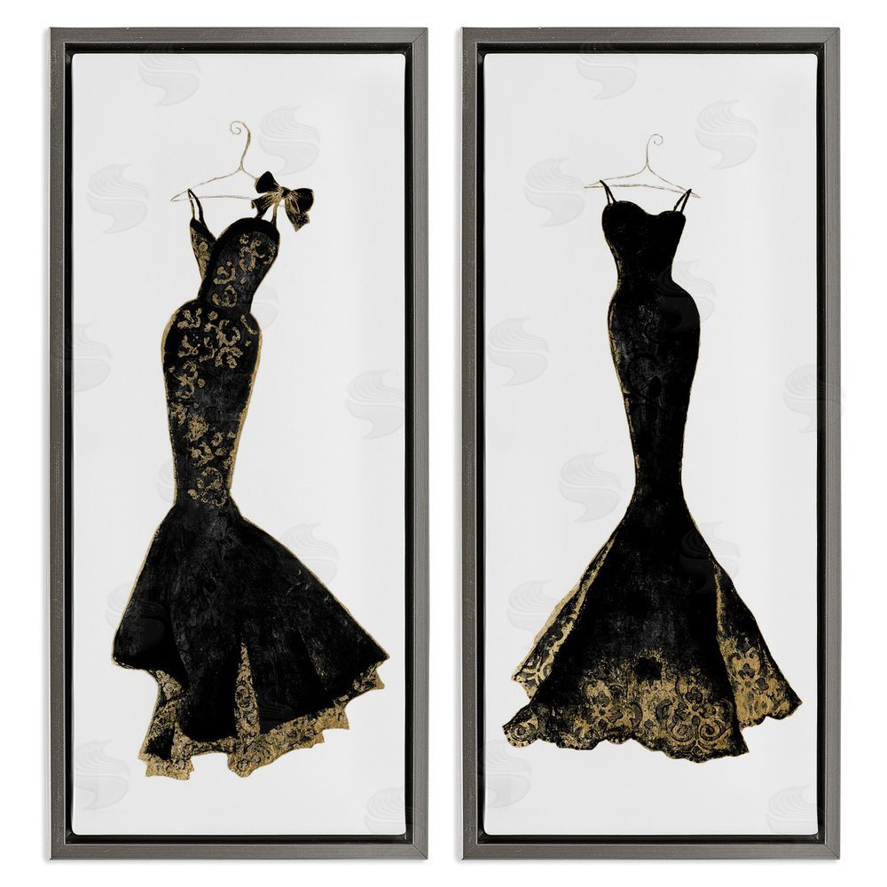 Janet Tava Gilded Black Evening Gowns Gray Floating Frame Canvas Wall Art Print
