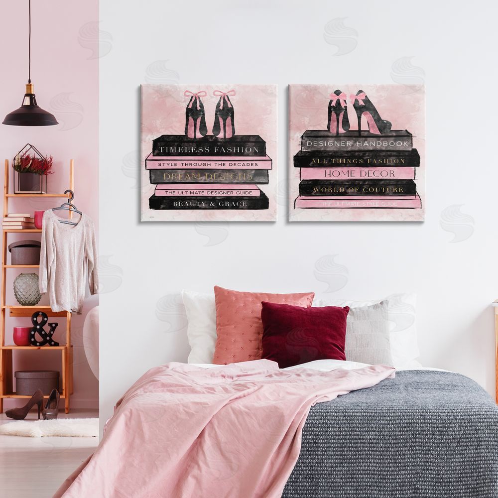 Natalie Carpentieri Pink Heels Atop Books Stretched Cavas Wall Art Set in Room