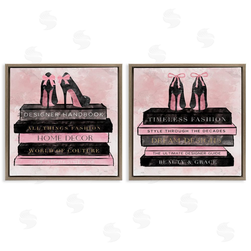 Natalie Carpentieri Pink Heels Atop Books Brown Floating Frame Canvas Wall Art Print