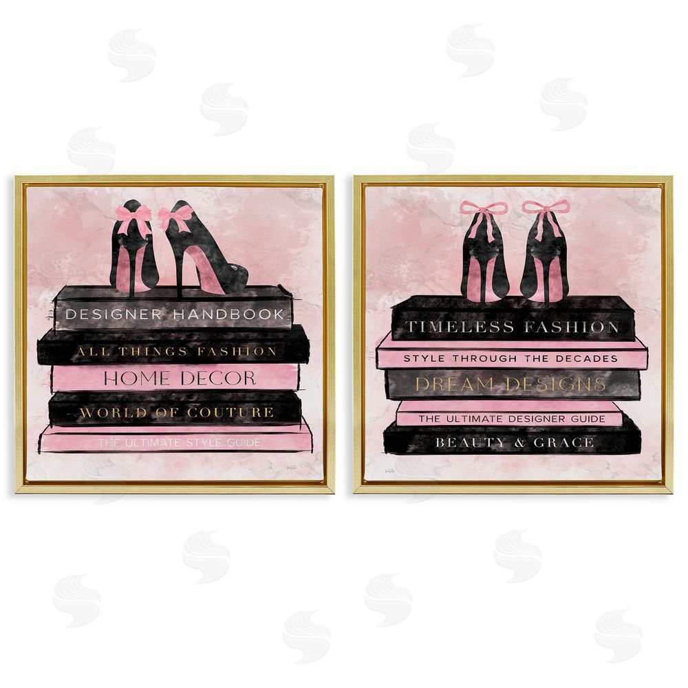 Natalie Carpentieri Pink Heels Atop Books Gold Floating Frame Canvas Wall Art Print