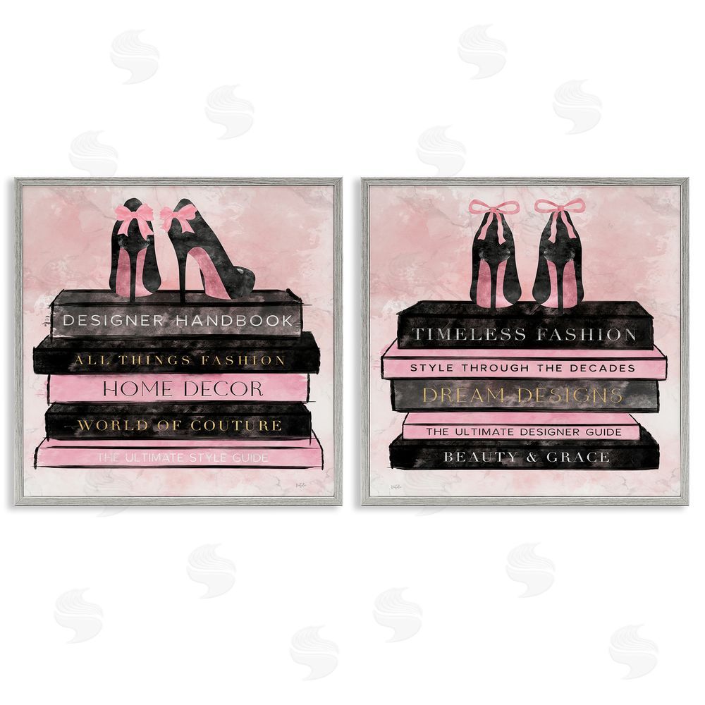 Natalie Carpentieri Pink Heels Atop Books Gray Framed Giclee Wall Art Print
