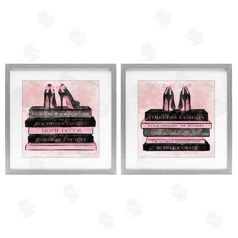 Natalie Carpentieri Pink Heels Atop Books Gray Framed Print Under Glass Wall Art