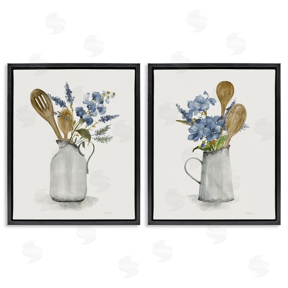 Carol Robinson Kitchen Pitcher Bouquets Black Floating Frame Canvas Wall Art Print
