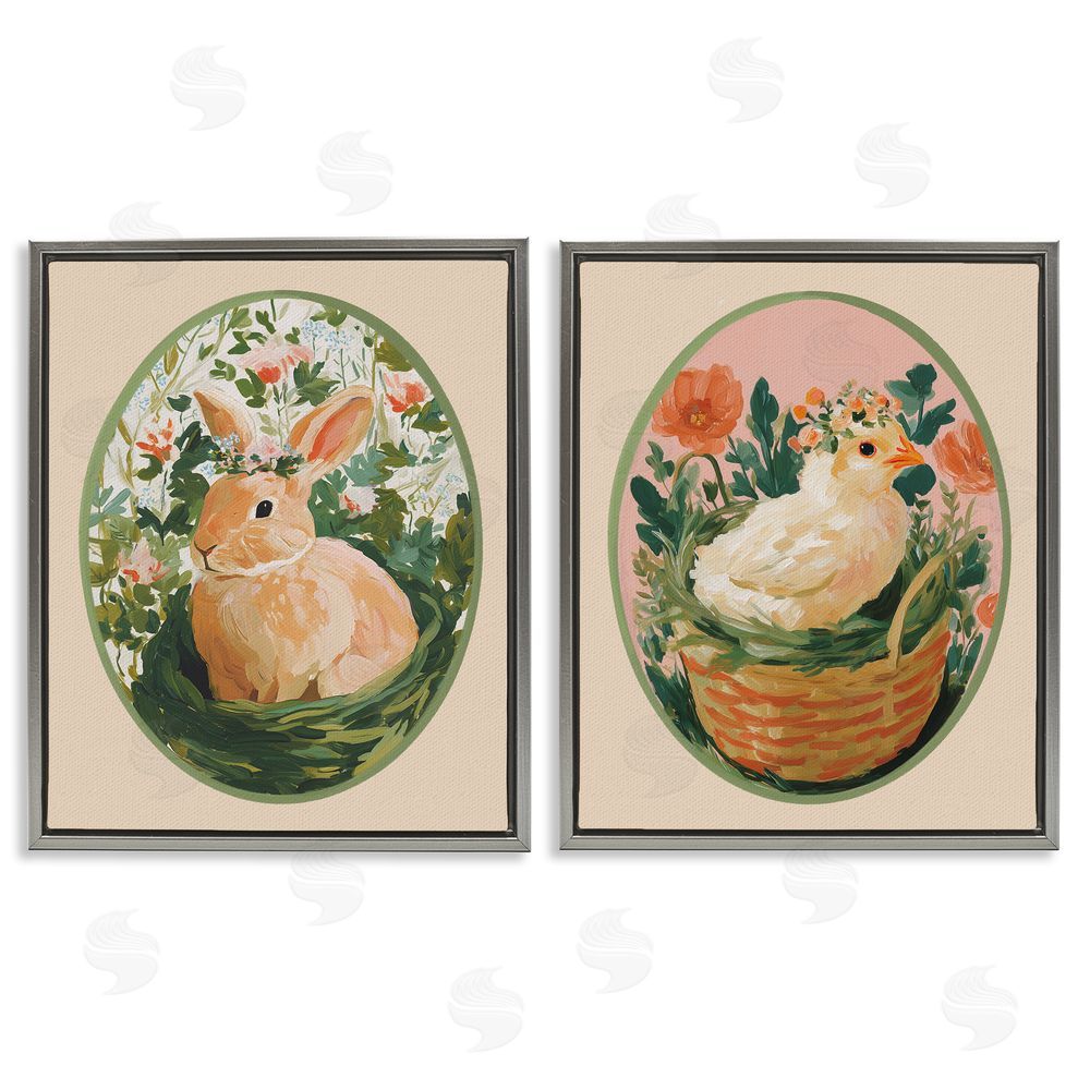 Yen Bloom Nest Animals Gray Floating Frame Canvas Wall Art Print