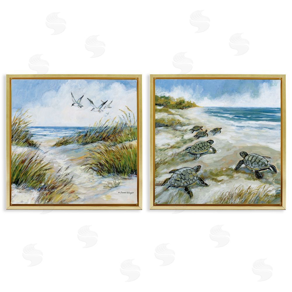 Susan Winget Beach Creatures on Dunes Gold Floating Frame Canvas Wall Art Print