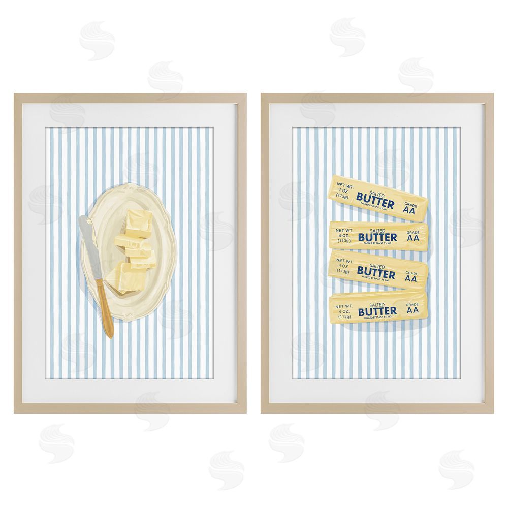 Veronica Lara Butter Dish & Sticks on Stripes Brown Framed Print Under Glass Wall Art