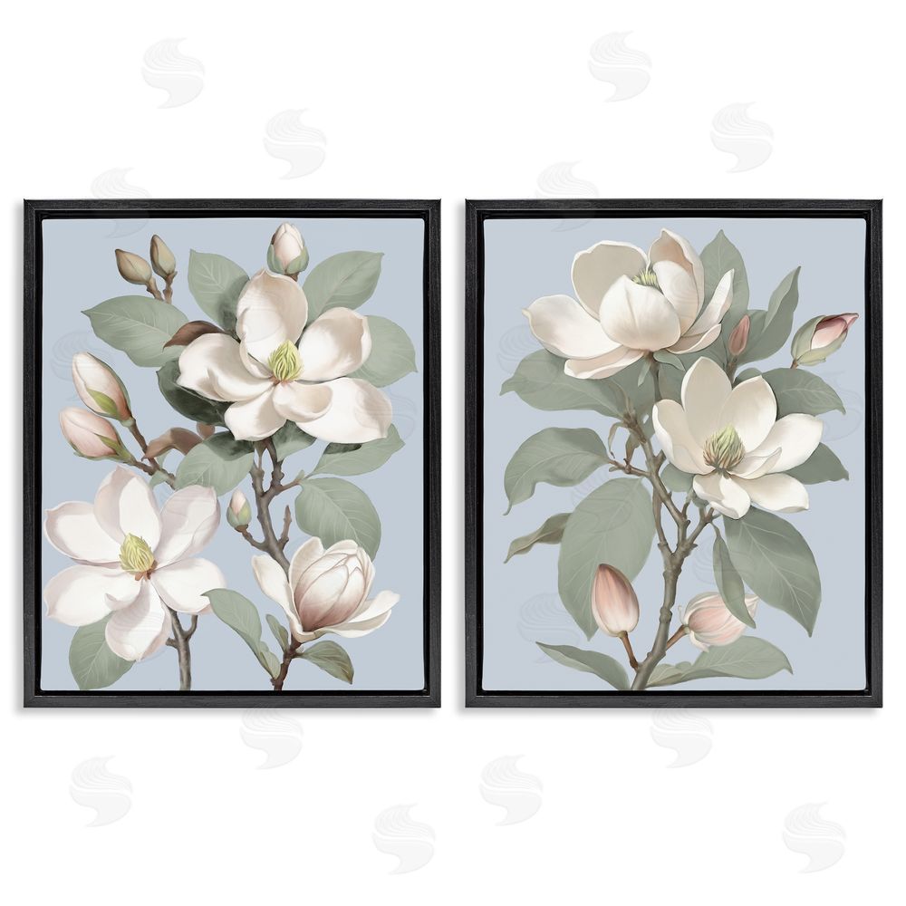 Elizabeth Medley Magnolia Bunches on Soft Blue Black Floating Frame Canvas Wall Art Print