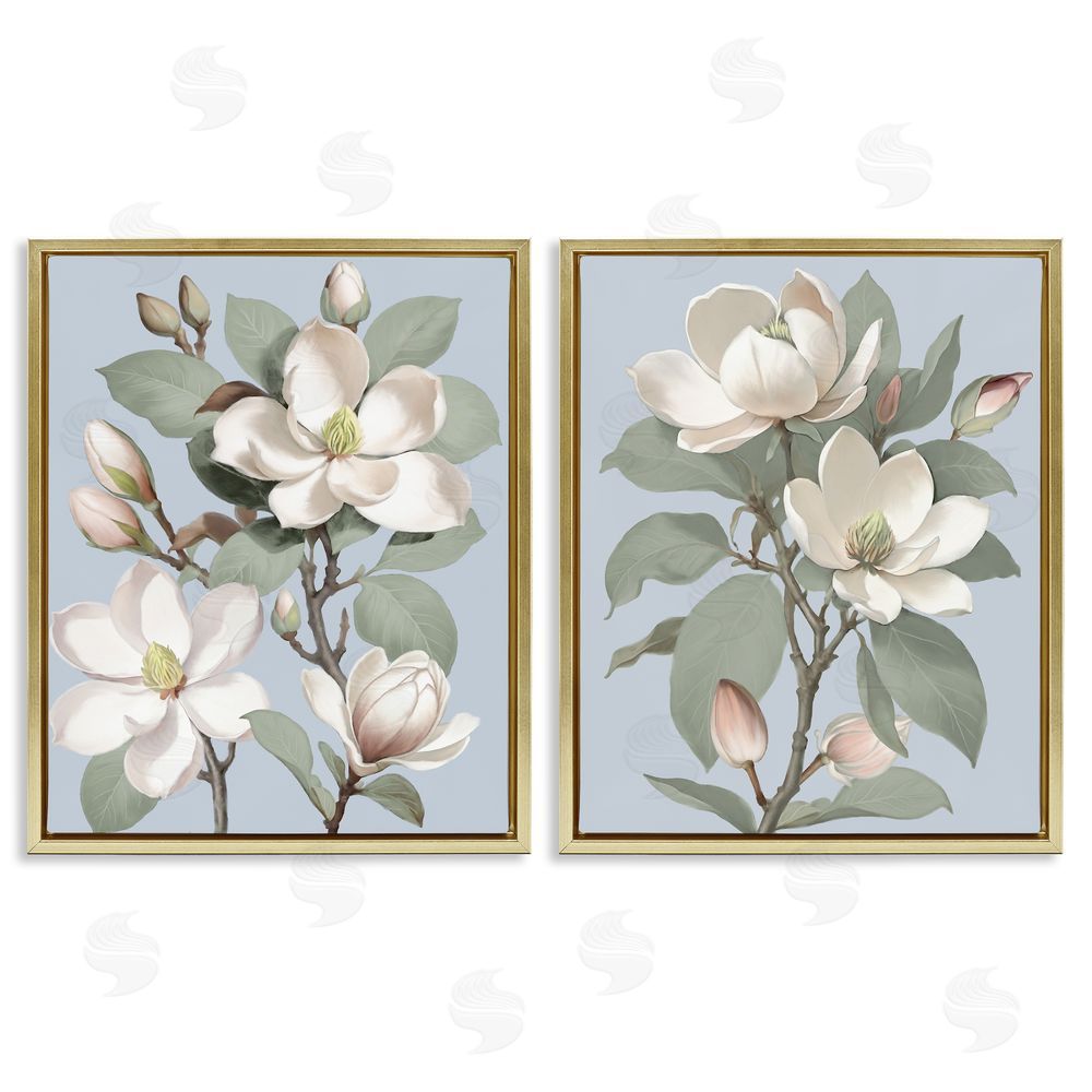 Elizabeth Medley Magnolia Bunches on Soft Blue Gold Floating Frame Canvas Wall Art Print