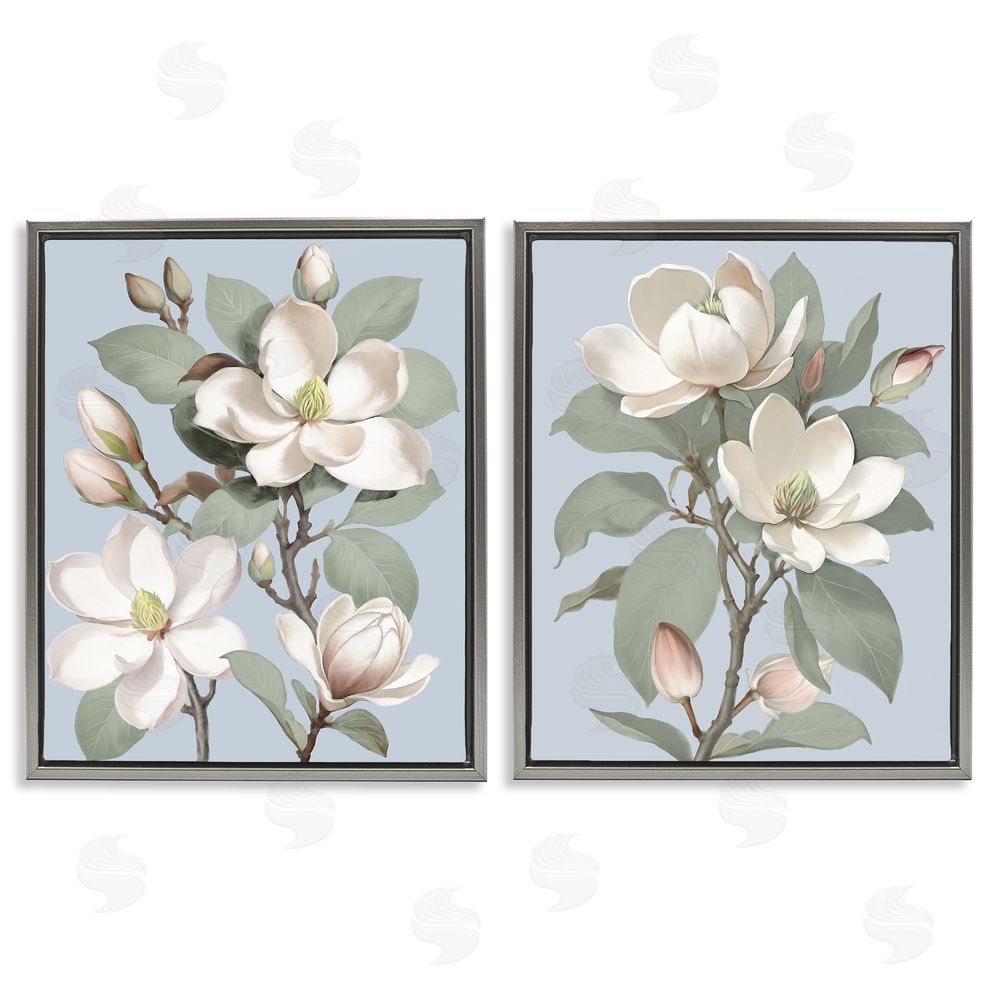 Elizabeth Medley Magnolia Bunches on Soft Blue Gray Floating Frame Canvas Wall Art Print