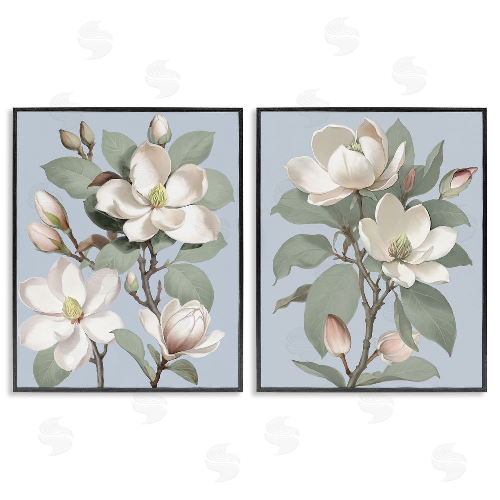 Elizabeth Medley Magnolia Bunches on Soft Blue Black Framed Giclee Wall Art Print
