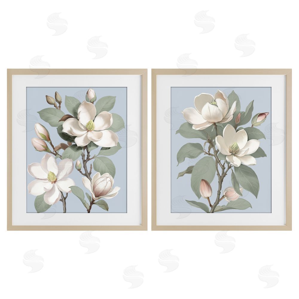 Elizabeth Medley Magnolia Bunches on Soft Blue Brown Framed Print Under Glass Wall Art