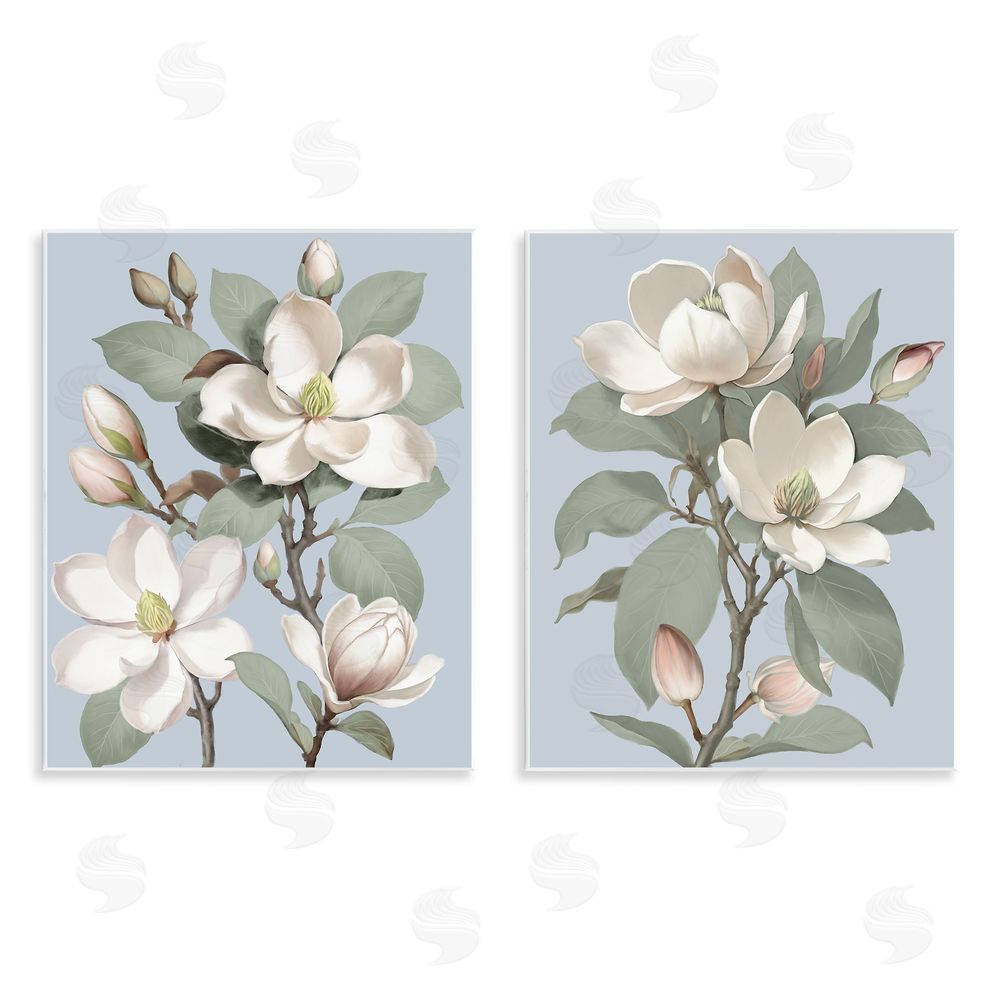 Elizabeth Medley Magnolia Bunches on Soft Blue Wooden Wall Plaque Art Print