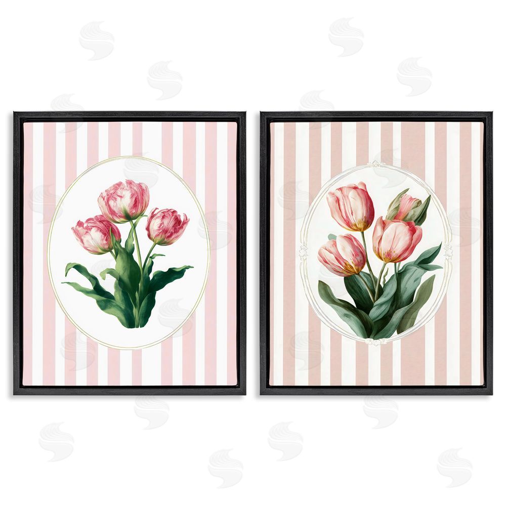 Ink Drop Loft Blush Tulips on Stripes Black Floating Frame Stretched Canvas Wall Art Print