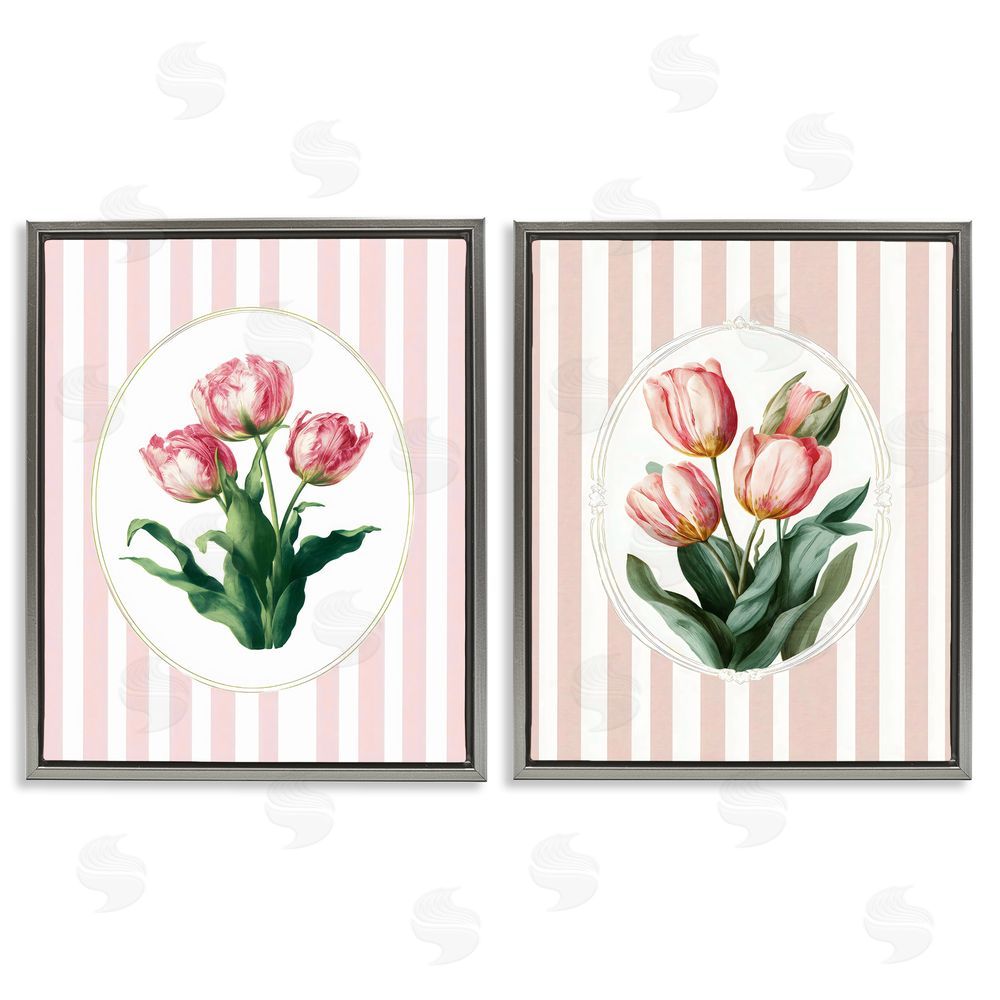 Ink Drop Loft Blush Tulips on Stripes Gray Floating Frame Stretched Canvas Wall Art Print