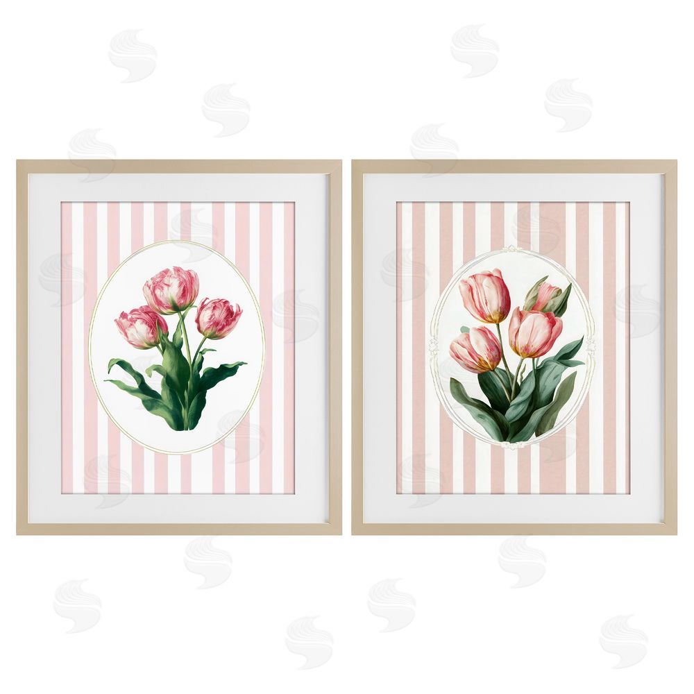 Ink Drop Loft Blush Tulips on Stripes Brown Framed Print Under Glass with Matting Wall Art