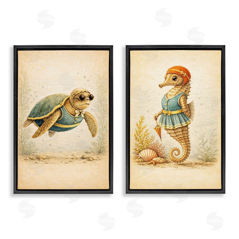 Grotto Studios Vintage Maritime Bathing Animals Black Floating Framed Canvas Wall Art Print