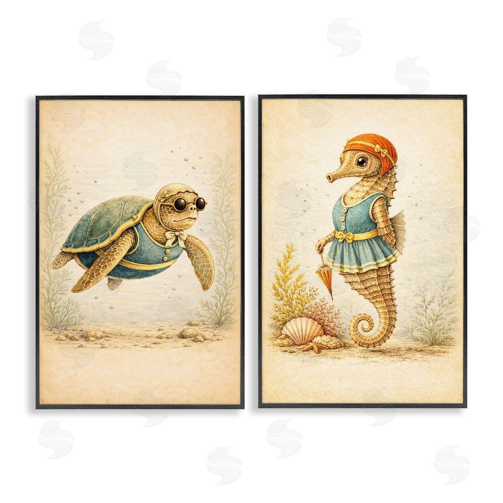 Grotto Studios Vintage Maritime Bathing Animals Black Framed Giclee Wall Art Print