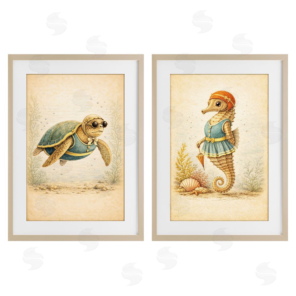 Grotto Studios Vintage Maritime Bathing Animals Brown Framed Print Under Glass with White Mat Wall Art