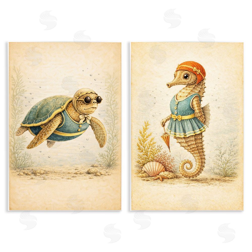 Grotto Studios Vintage Maritime Bathing Animals Wall Plaque Printed Art