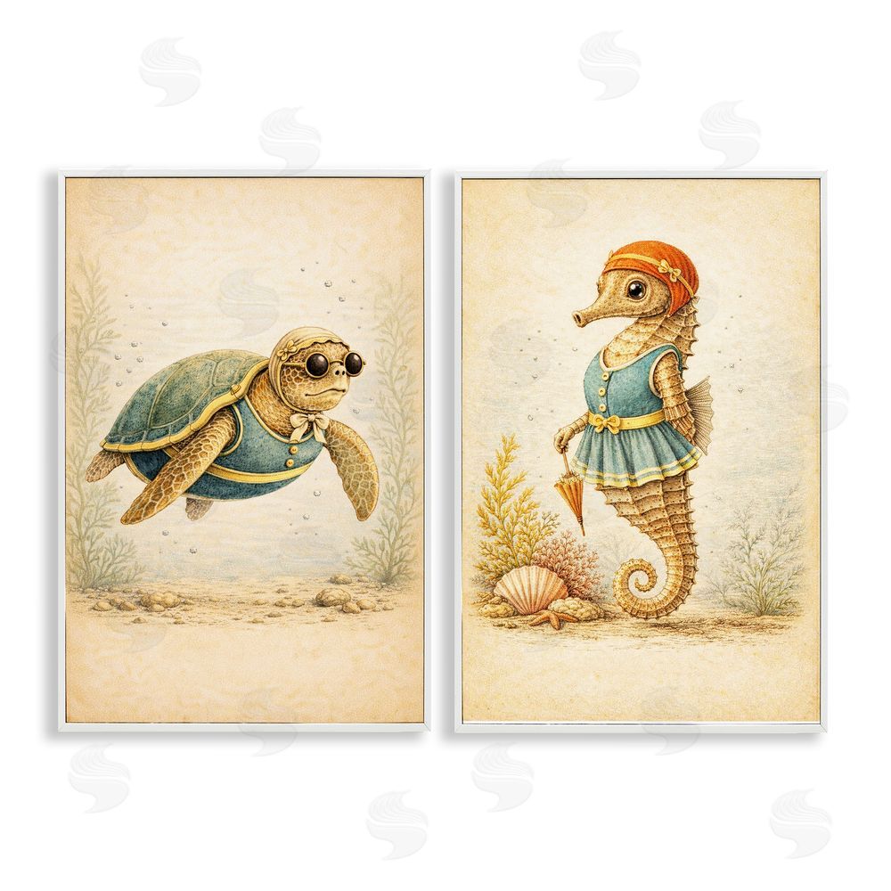 Grotto Studios Vintage Maritime Bathing Animals White Framed Giclee Wall Art Print