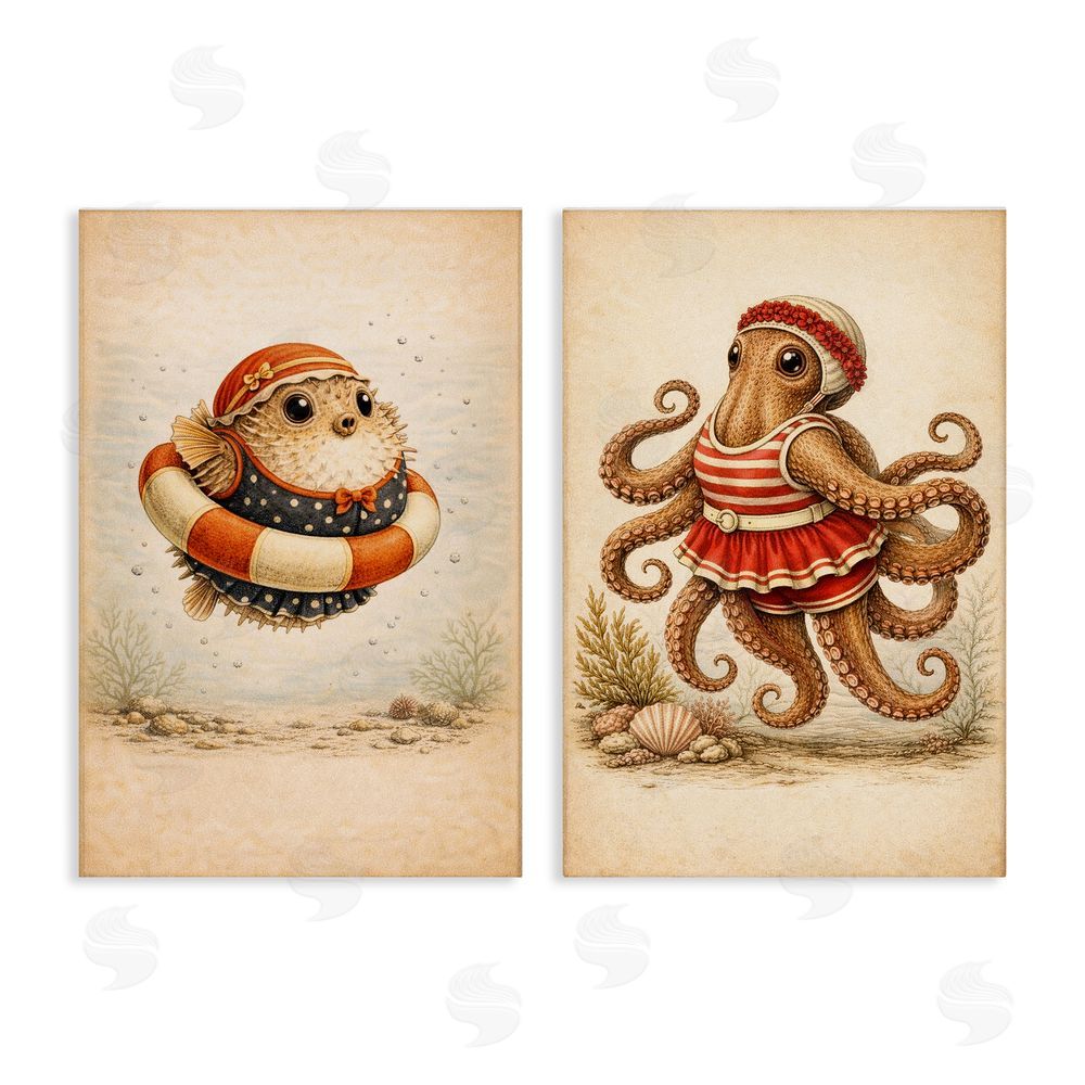 Grotto Studios Vintage Maritime Bathing Creatures Stretched Canvas Wall Art Print