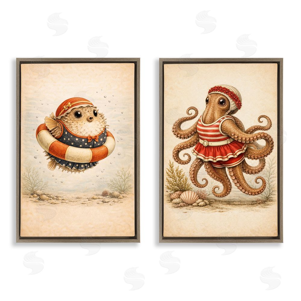 Grotto Studios Vintage Maritime Bathing Creatures Brown Floating Framed Canvas Wall Art Print