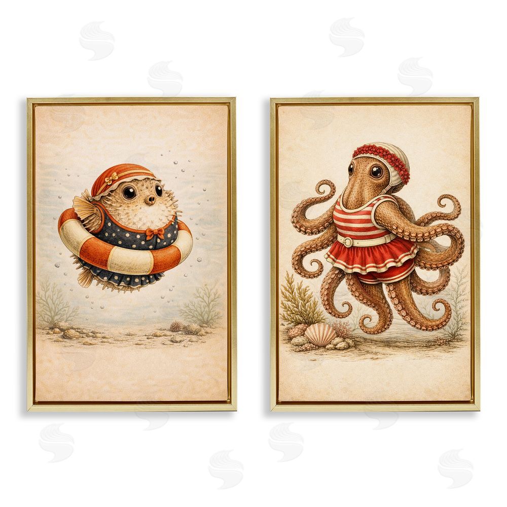 Grotto Studios Vintage Maritime Bathing Creatures Gold Floating Framed Canvas Wall Art Print