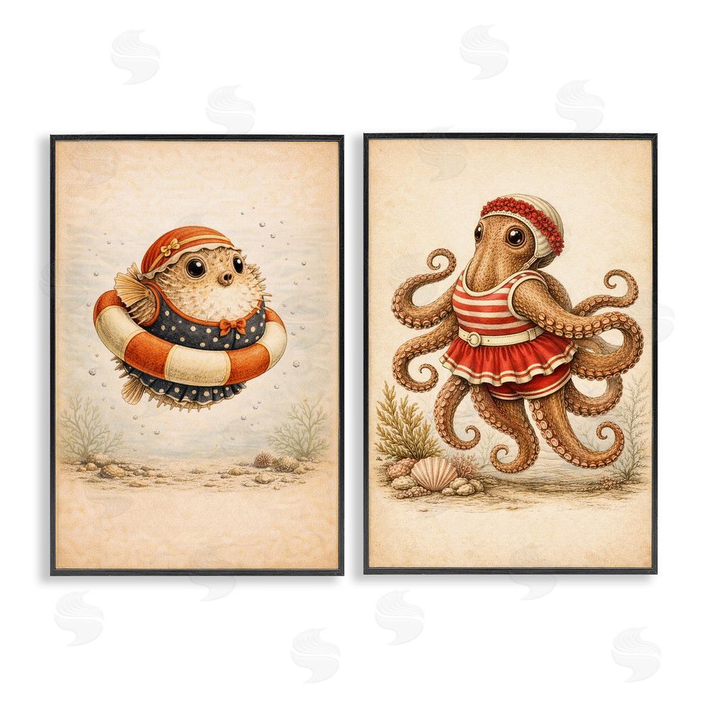 Grotto Studios Vintage Maritime Bathing Creatures Black Framed Giclee Wall Art Print