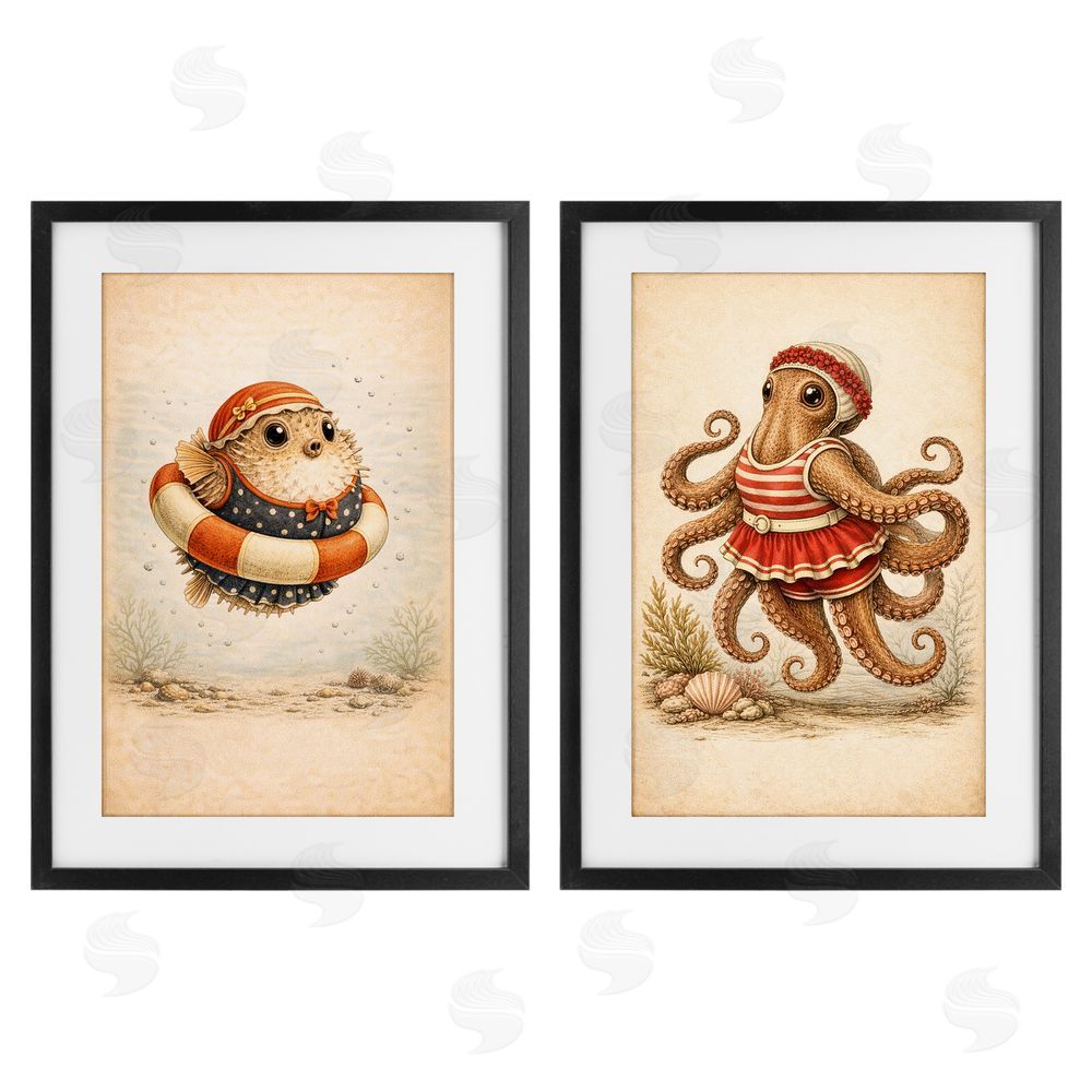 Grotto Studios Vintage Maritime Bathing Creatures Black Framed Print Under Glass with White Mat Wall Art