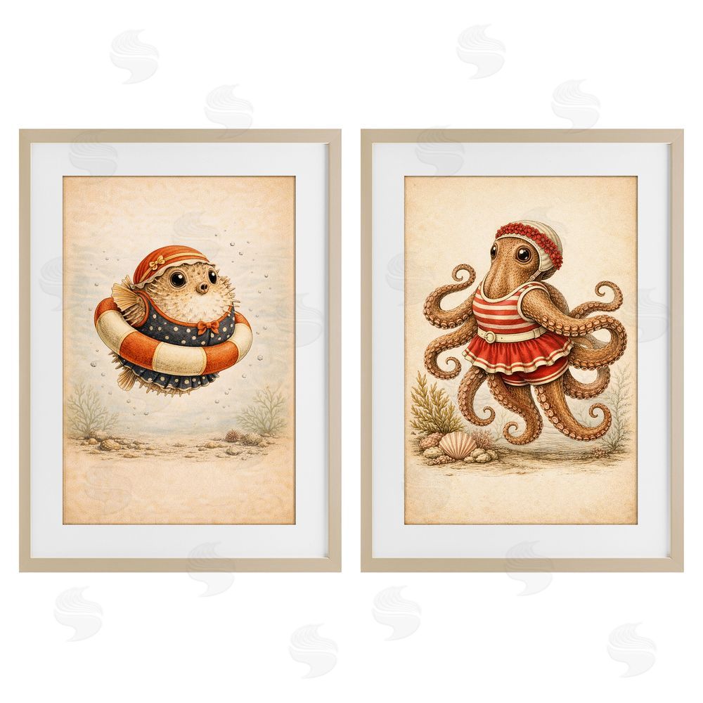 Grotto Studios Vintage Maritime Bathing Creatures Brown Framed Print Under Glass with White Mat Wall Art