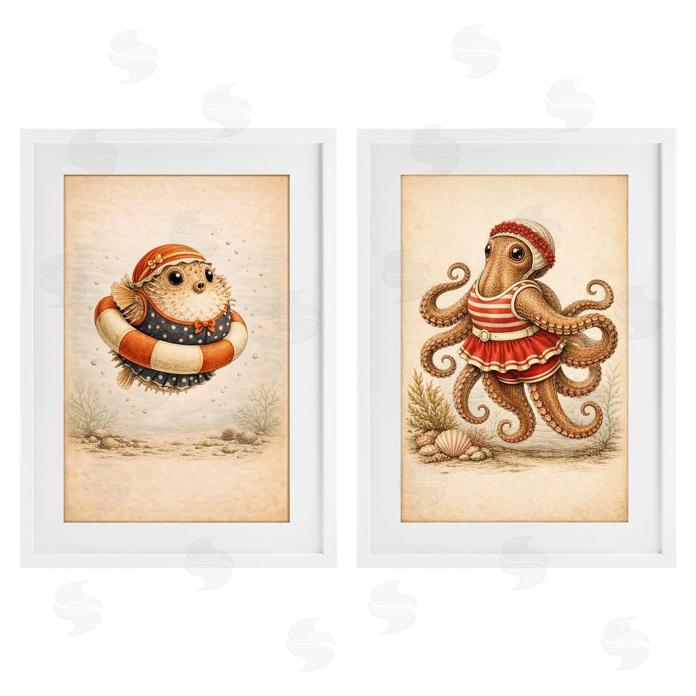 Grotto Studios Vintage Maritime Bathing Creatures White Framed Print Under Glass with White Mat Wall Art