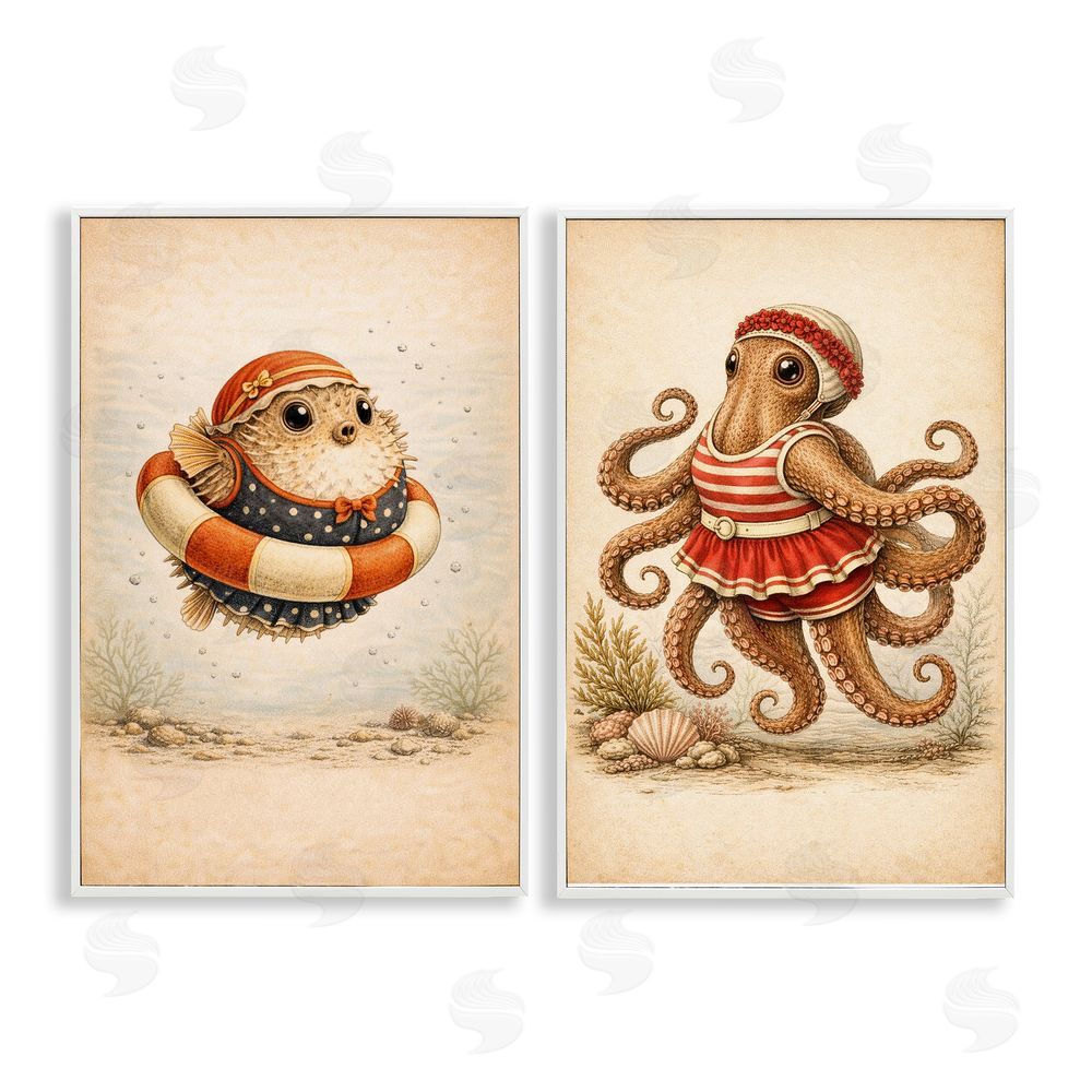 Grotto Studios Vintage Maritime Bathing Creatures White Framed Giclee Wall Art Print