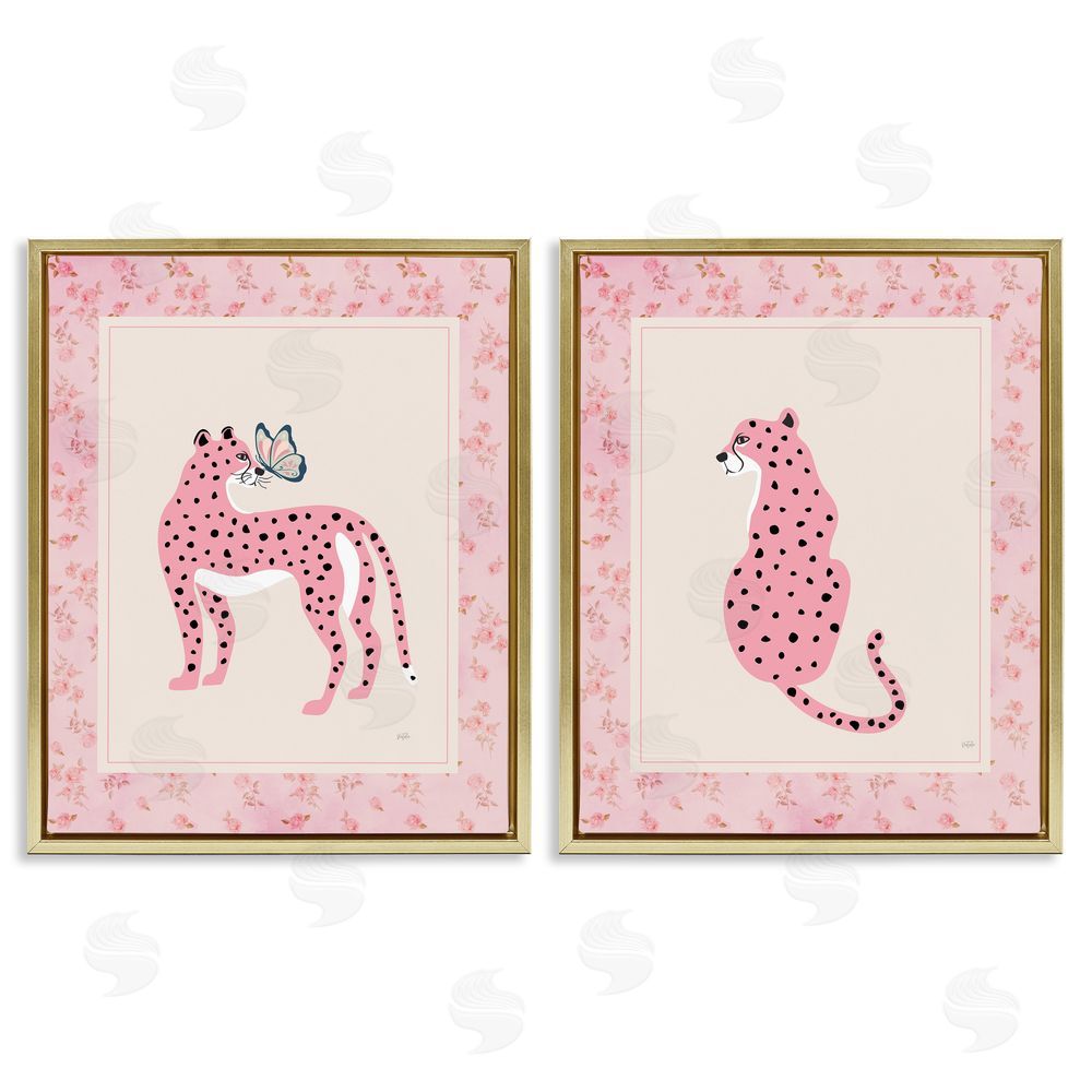 Natalie Carpentieri Pink Leopard & Floral Border Gold Floating Framed Canvas Wall Art