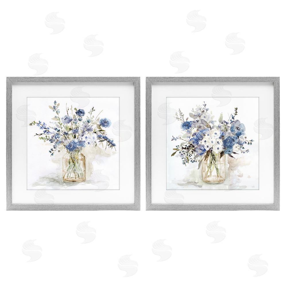 Carol Robinson Spring Watercolor Vases Gray Framed Print Under Glass with White Mat Wall Art