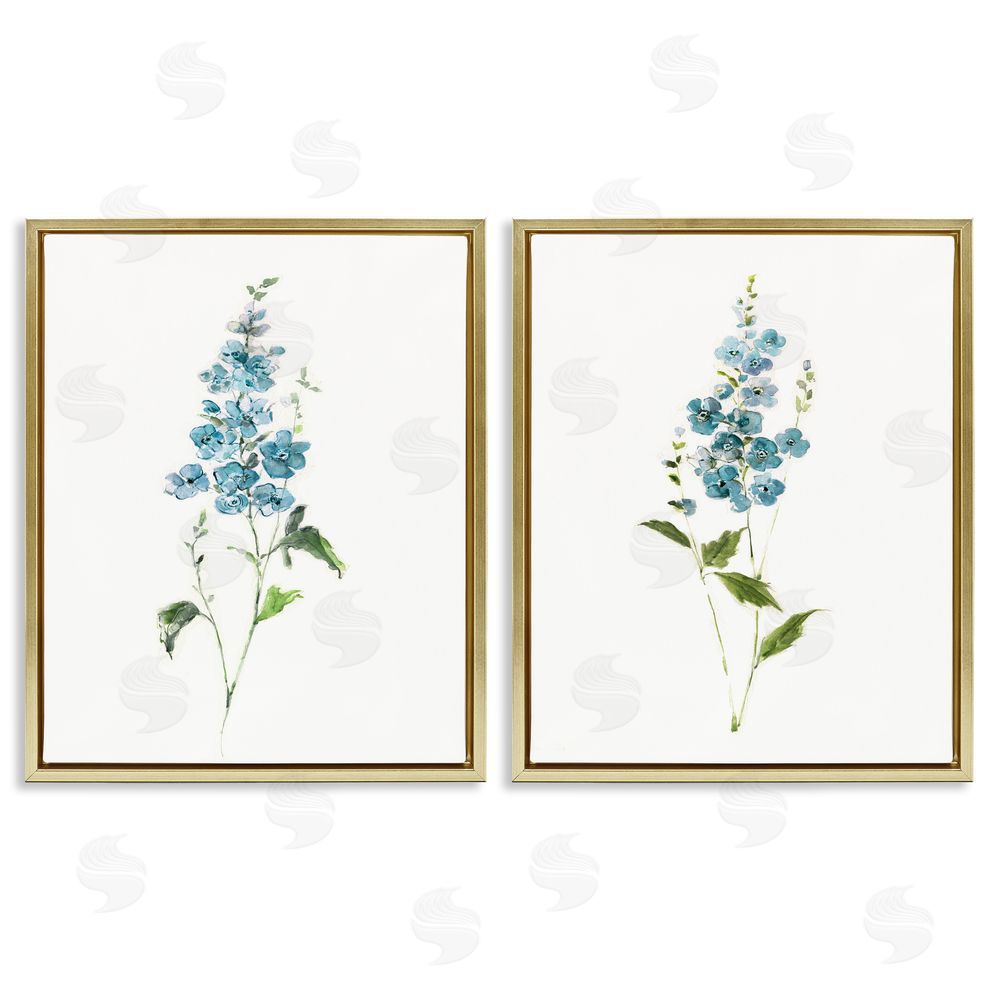 Sally Swatland Blue Watercolor Sprigs Gold Floating Frame Stretched Canvas Wall Art Print