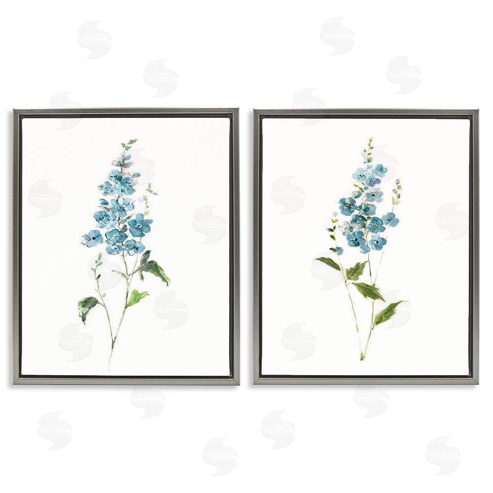 Sally Swatland Blue Watercolor Sprigs Gray Floating Frame Stretched Canvas Wall Art Print