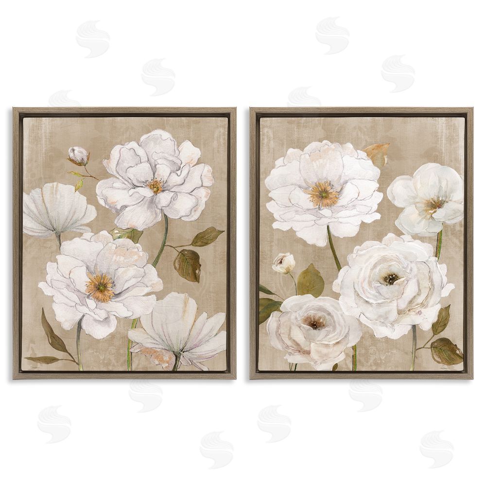 Carol Robinson White Blooms over Neutral Brown Floating Framed Canvas Wall Art Print