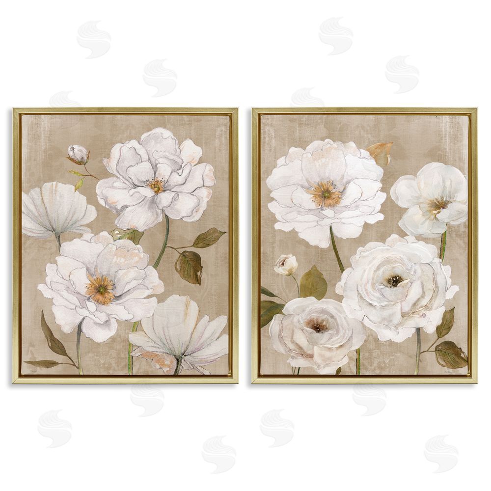 Carol Robinson White Blooms over Neutral Gold Floating Framed Canvas Wall Art Print
