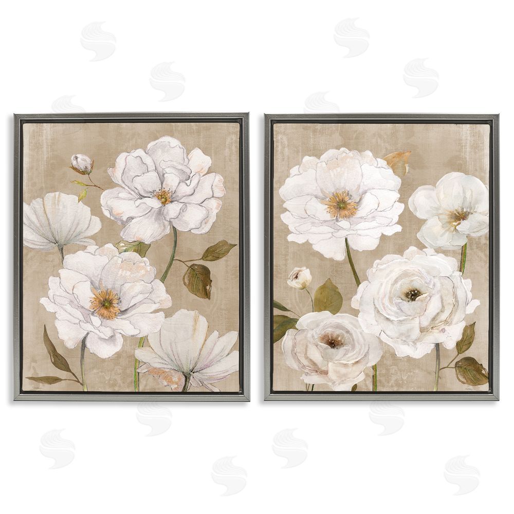 Carol Robinson White Blooms over Neutral Gray Floating Framed Canvas Wall Art Print