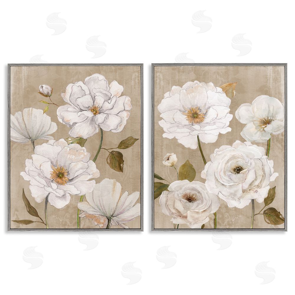 Carol Robinson White Blooms over Neutral Gray Framed Giclee Wall Art Print