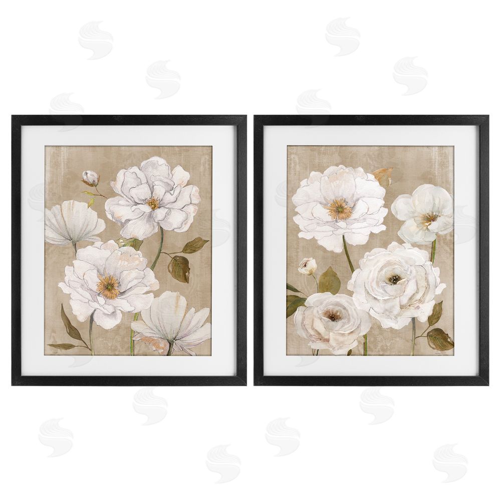 Carol Robinson White Blooms over Neutral Black Framed Print Under Glass with White Mat Wall Art