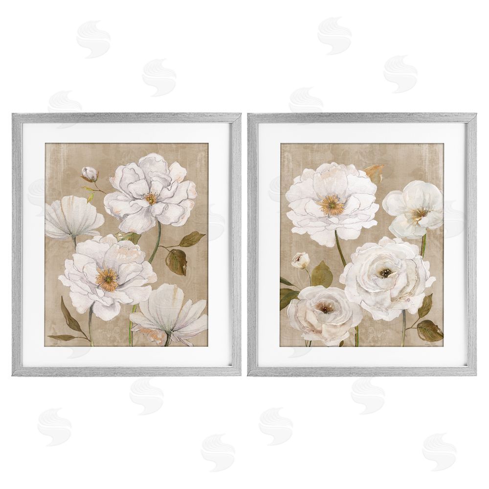 Carol Robinson White Blooms over Neutral Gray Framed Print Under Glass with White Mat Wall Art