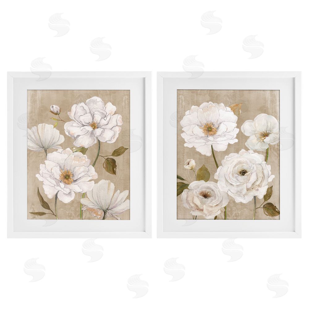 Carol Robinson White Blooms over Neutral White Framed Print Under Glass with White Mat Wall Art