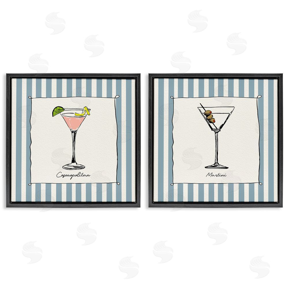 Susan Jill Summer Drinks on Stripes Black Floating Framed Canvas Wall Art Print